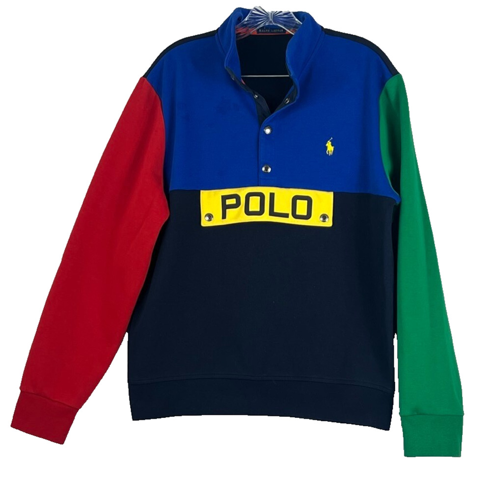 Polo Ralph Lauren Men's Red/Green/Blue Colorblock Retro Logo Pullover Sweatshirt
